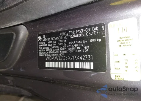 2007 BMW 335I z USA, uszkodzony, nr VIN WBAWL735X7PX42731